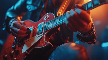 Naklejka premium Guitarist playing electric guitar in a recording studio during a music session
