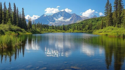Majestic mountain landscape reflected in calm lake under a clear blue sky with fluffy clouds