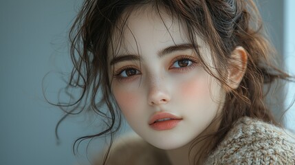 Naklejka premium Captivating Portrait of a Young Woman With Expressive Eyes and Soft Natural Makeup