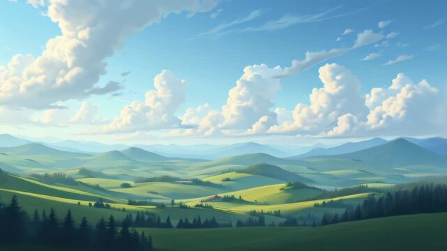 Painting of a green valley with mountains and trees in the background