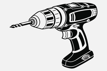 A black and white illustration of a cordless power drill.