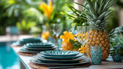 Elegant outdoor dining setup with colorful floral centerpiece by the poolside during sunny afternoon