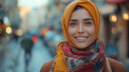 Fototapeta premium Portrait of a young muslim woman wearing headscarf in the city