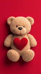 Obraz premium Valentine's Day Cute Teddy Bear Holding Heart Valentine s Day Romantic Plush Toy Love Red Background