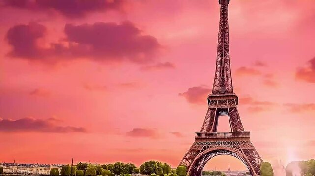 the Eiffel Tower  against  a pink sky