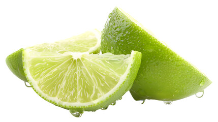 Fresh lime slices splashing with droplets, isolated on white background 