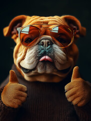 Playful bulldog wearing glasses giving a thumbs up, perfect for wall art, posters, and pet lover decorations, bringing cheer and humor to any space.