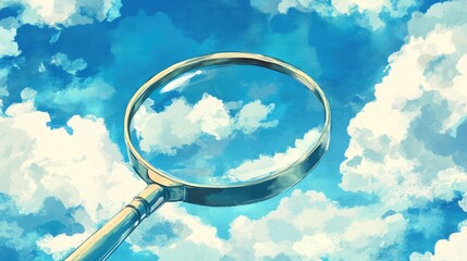 A magnifying glass reflects fluffy clouds against a bright blue sky, symbolizing exploration.