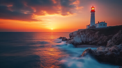 Stunning coastal sunset featuring a lighthouse on a rocky shore, perfect for wall art, travel decor, or as a serene background in advertisements.