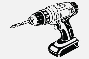 A black and white illustration of a cordless power drill.