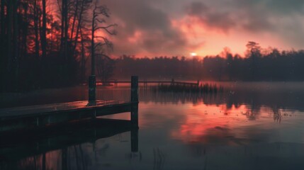A peaceful lakeside scene at dusk