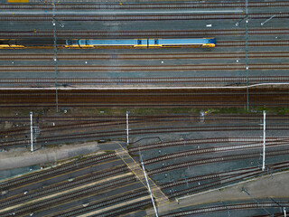 Aerial top view of a train and railroad tracks, The Haque, The Netherlands