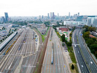 Aerial top view of a train and railroad tracks, The Haque, The Netherlands