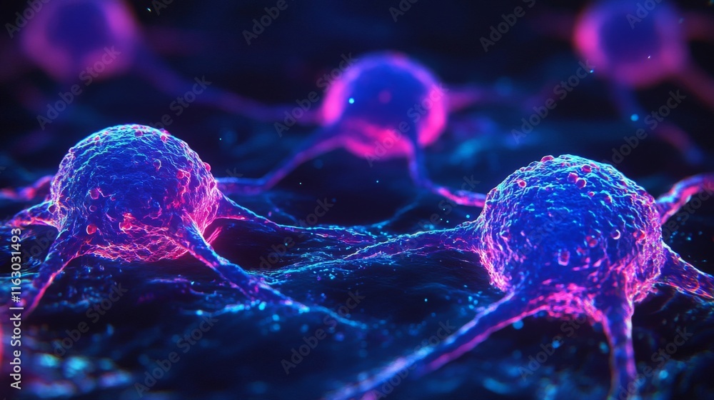 Poster microscopic view of illuminated neural cells connecting