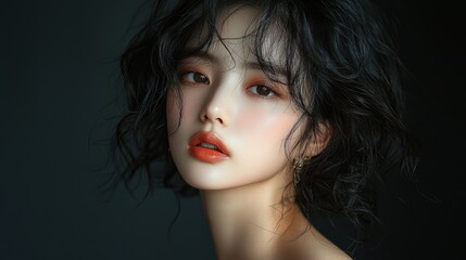Fototapeta premium Captivating Portrait of a Young Woman with Gorgeous Wavy Hair and Striking Facial Features