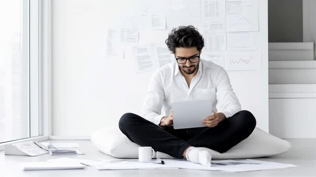 Un homme qui travaille sur sa tablette dans son appartement. D&eacute;cor clair et propre.
