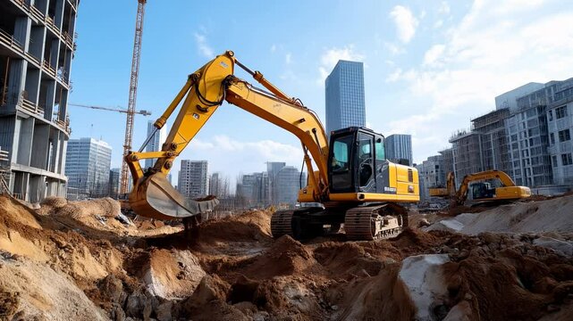 Pelleteuse en train de travailler sur un chantier d'un site en construction en ville. Excavator working on a construction site in the city.