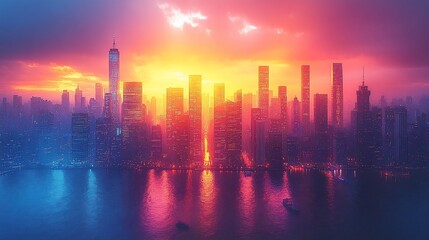 Fototapeta premium Vibrant Cityscape Sunset Skyline Cityscape Reflections