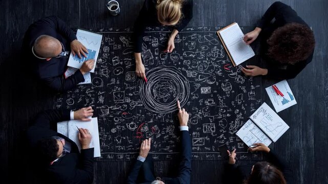R&eacute;union de business d'un groupe de personnes. Vue de haut sur une table avec des inscriptions.