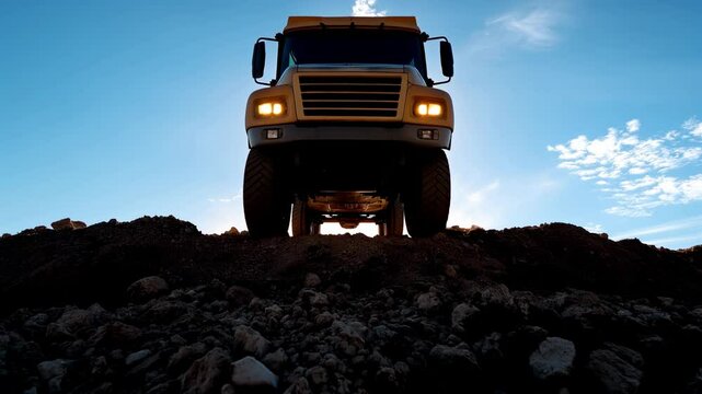 Camion au sommet d'un tas de terre sur un chantier.