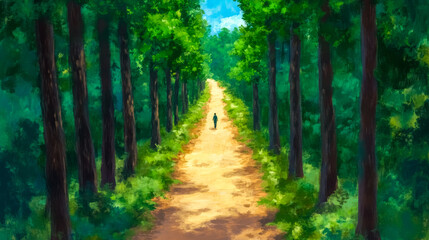 Obraz premium Man walking on a path through lush green forest