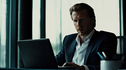 A businessman discusses a financial report with his team, with an open laptop in front of him in a high-end office setting