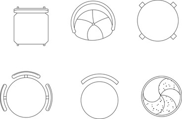 vector sketch illustration of the silhouette of a living room table and chair design seen from above.eps