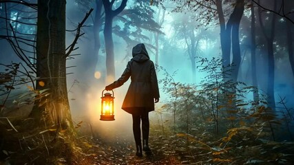 A woman holding a glowing lantern walks along a misty forest path, symbolizing guidance and solitude.
