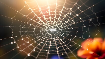 Obraz premium Golden Spiderweb with Dew Drops