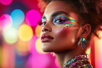 Woman with glitter makeup and vibrant neon lights