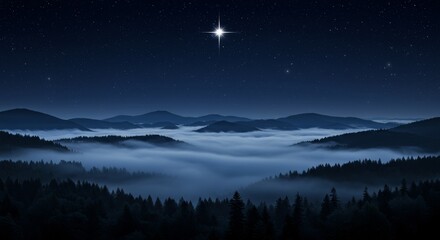 Starry Night over Desert Hills Symbolizing Birth of Jesus with Shining Bethlehem Star