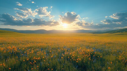 Sunset over a field of orange wildflowers and rolling hills