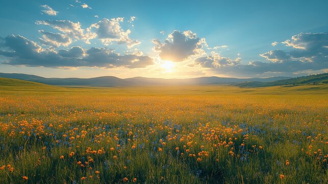 Sunset over a field of orange wildflowers and rolling hills