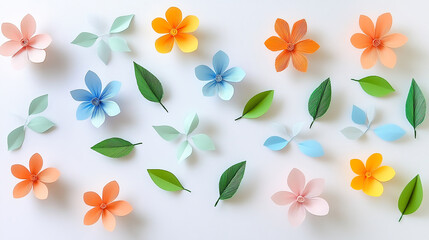 Colorful handmade paper flowers and green leaves on a white background