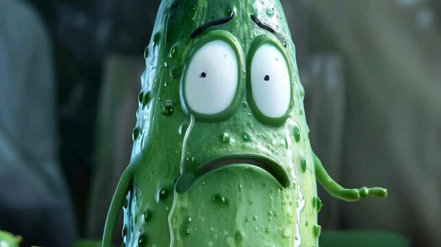 Animated pickle's emotional journey in closeup sequence