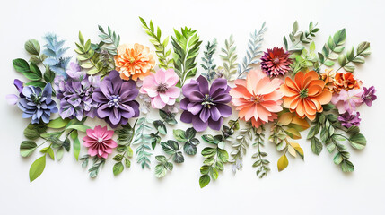 Obraz premium Lush handmade paper flowers with intricate foliage in vibrant colors on a white background