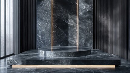 Modern interior featuring polished marble surfaces and elegant lighting.