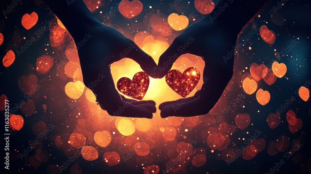 Poster hands creating heart shape over sparkling background filled with colorful hearts and bokeh lights ef