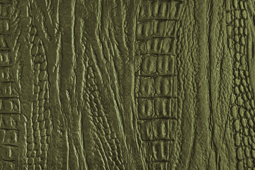 Crocodile genuine leather structure texture macro, khaki colored leatherette surface with metallic, pearlescent effect. Reptile skin close up, macro background, wallpaper, backdrop