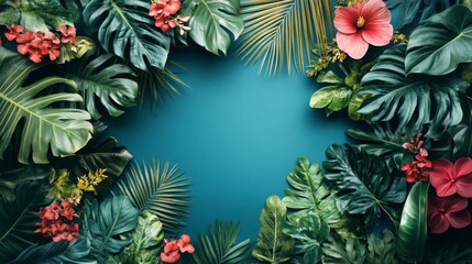 Naklejka premium Lush Tropical Leaves and Flowers Frame a Teal Background