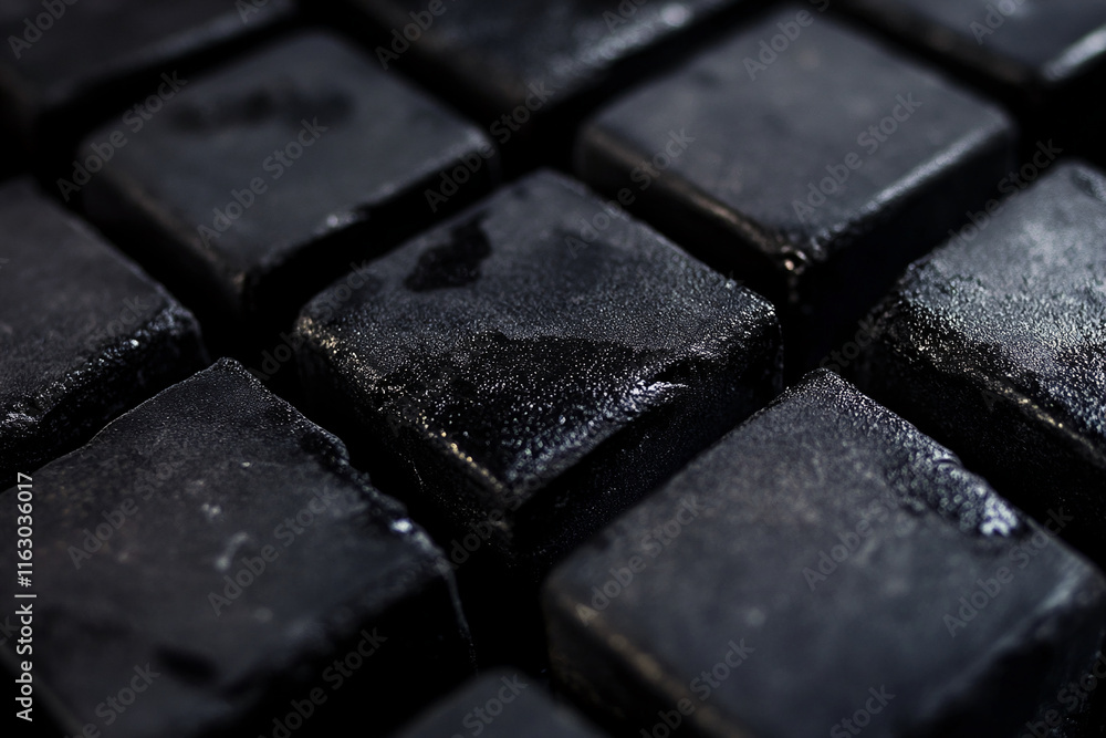 Poster Close-up of matte black tiles with rough texture in an abstract geometric arrangement