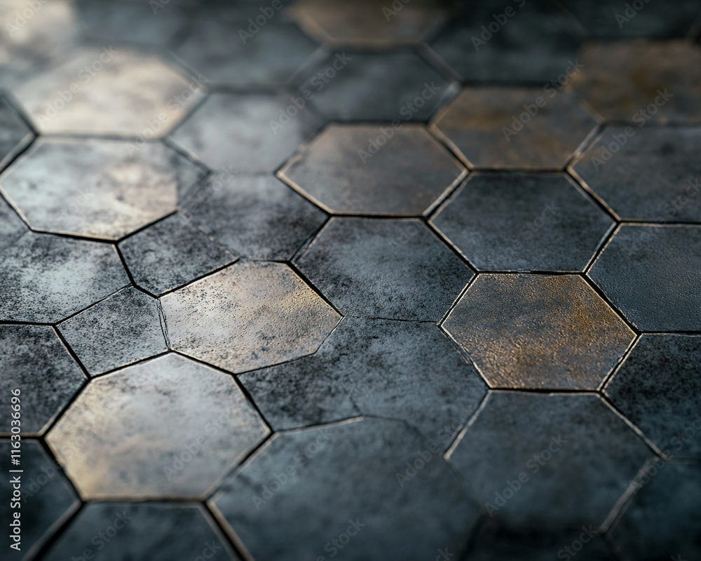 Poster textured metallic hexagonal tiles with gold and gray tones for industrial design