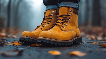 A pair of work boots tan with black soles