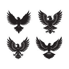 set of majestic eagle with wings silhouette, black and white silhouette, vector and illustration 