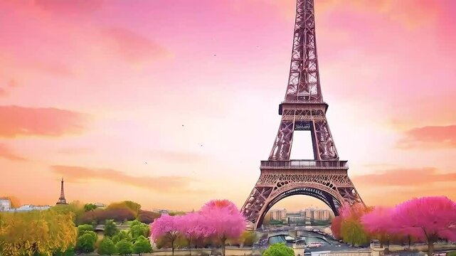 the Eiffel Tower  and  cherry blossoms  in the spring
