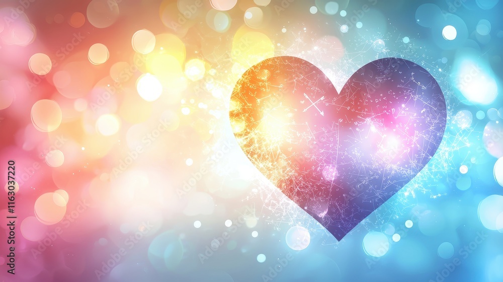 Poster colorful heart shape background with bokeh lights and sparkles for romantic themes and design projec