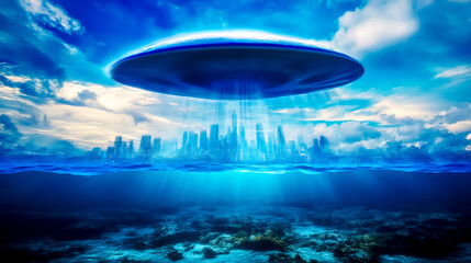Spaceship hovering over underwater city on alien planet