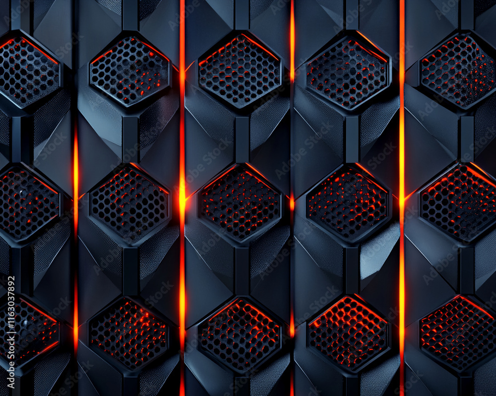 Poster futuristic hexagonal grid with glowing red accents for technology and modern design background