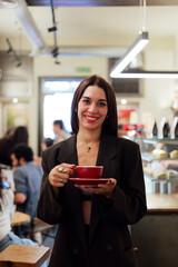 Businesswoman smiling and holding a red cup of coffee inside a cafe