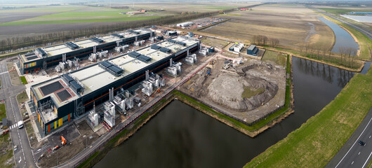 Aerial view of a large datacenter in Noord Holland, The Netherlands